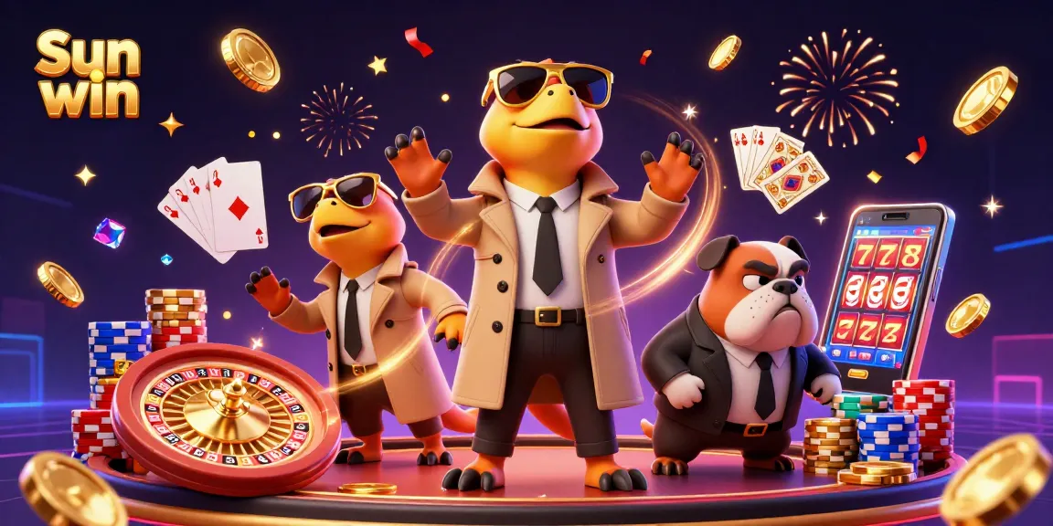 Experience the excitement of Sun win with raptors in a trench coat trying to enter a VIP lounge full of casino elements.