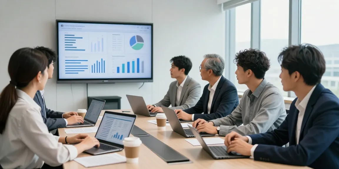 Team collaborating in a conference room discussing business contract ee options with data analytics.