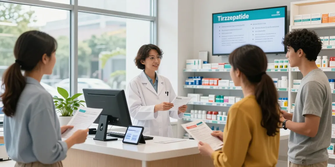Pharmacist assisting customers in selecting tirzepatide for sale in a modern pharmacy.