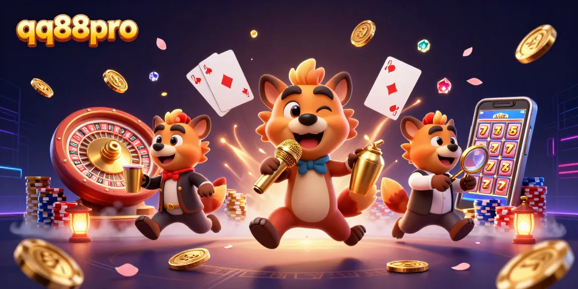 Experience excitement with qq88pro in an animated casino scene filled with vibrant games and characters.