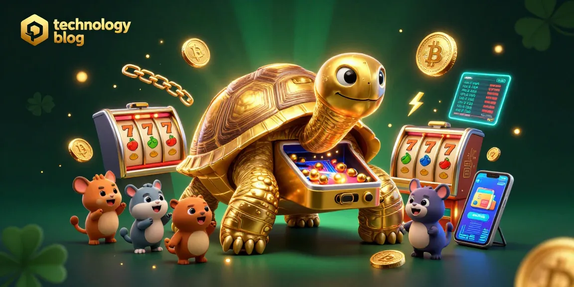 Spin the reels with the technology blog's vibrant 3D casino illustration showcasing a colossal tortoise and crypto elements.