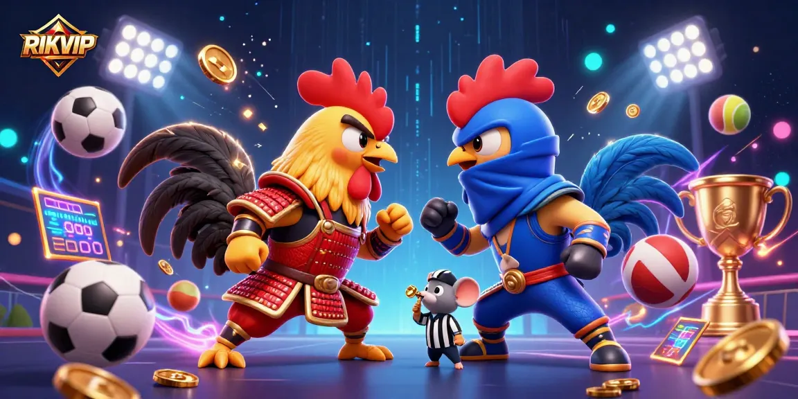 Engage with RIKVIP's dynamic gaming environment featuring animated rooster warriors and thrilling game elements.