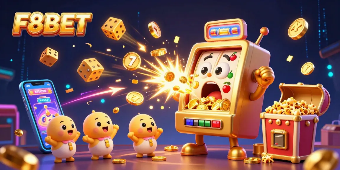 F8BET slot machine hitting jackpot while smaller machines cheer, showcasing exciting casino action.