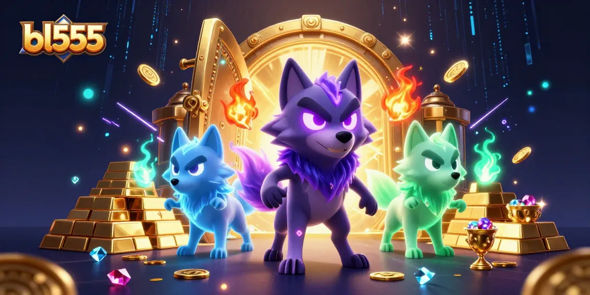 Win big with bl555 at this vibrant casino scene featuring shadow wolves and treasures.