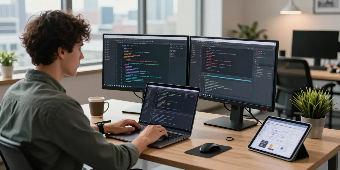 快连在现代工作环境中提升网络体验，程序员在光线明亮的办公桌上编写代码。