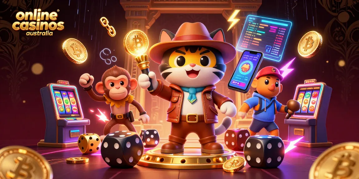 Engage in online casinos Australia with a vibrant 3D casino scene featuring an explorer cat.