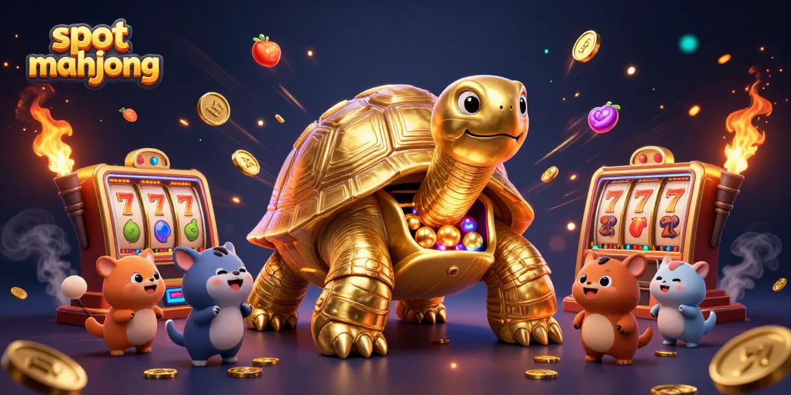 Play exciting slot mahjong featuring dynamic elements and a colossal golden tortoise in a vibrant illustration.