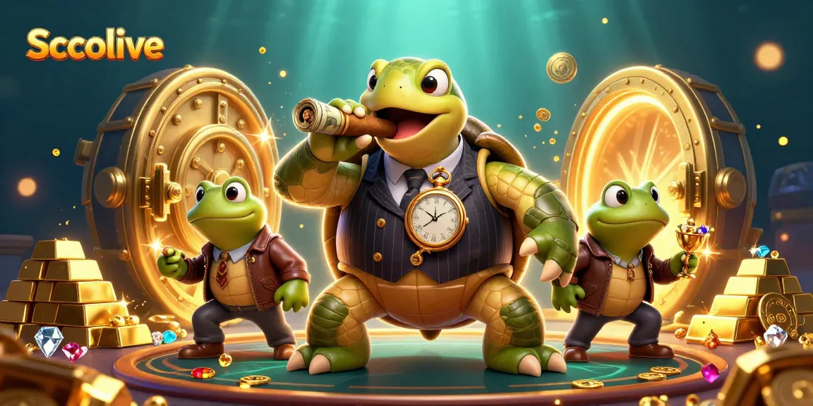 Socolive's vibrant digital casino scene featuring a mobster turtle and bullfrog enforcers amidst treasure.