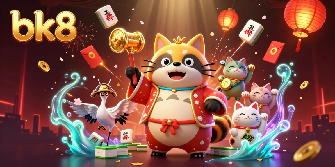 Experience thrilling gaming action with bk8's vibrant casino scene featuring lucky tanuki and maneki-neko cats.