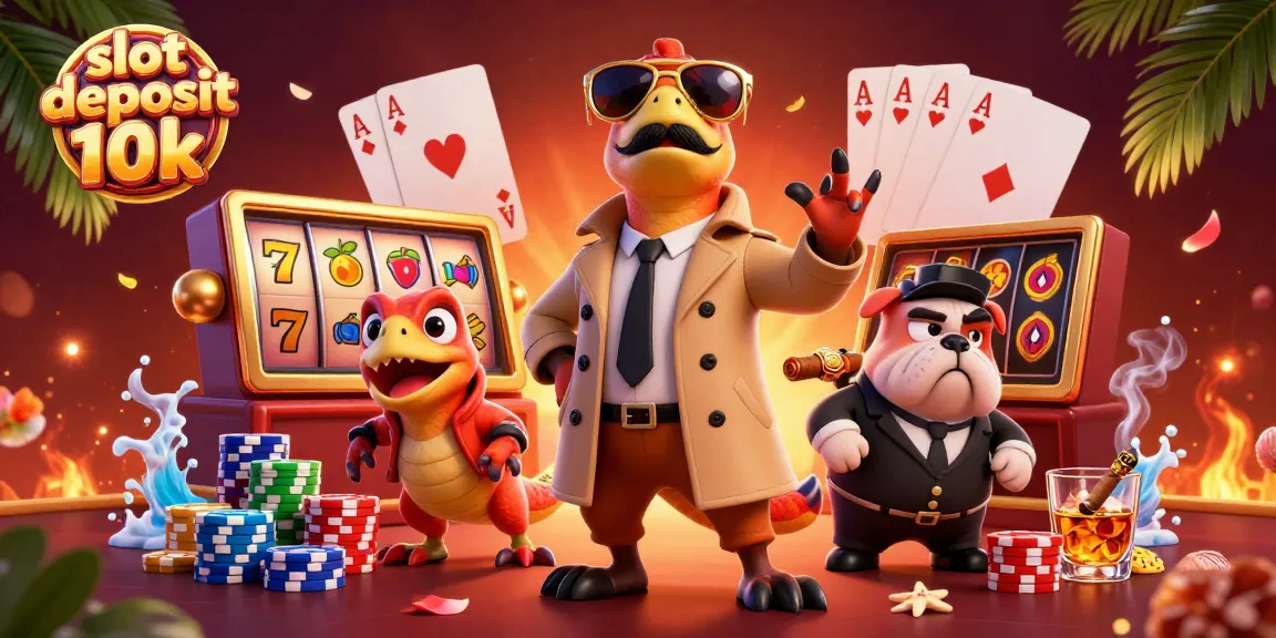 Experience thrilling slot deposit 10k action with raptors in a trench coat at a glamorous casino.