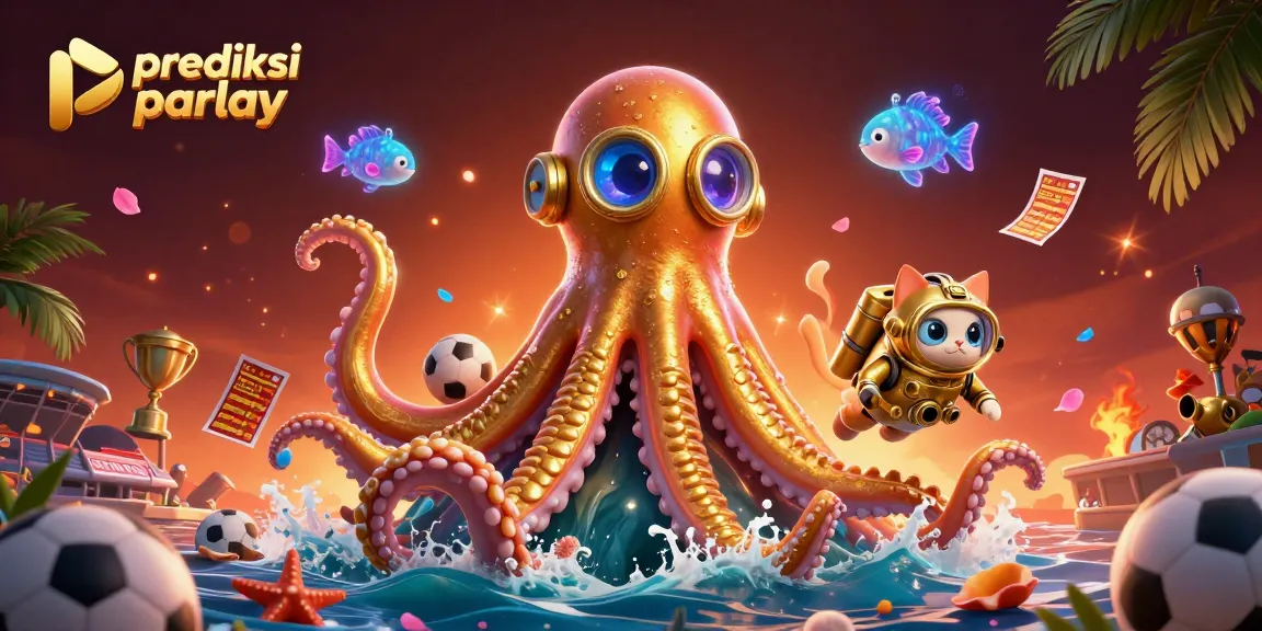 Place your bets with prediksi parlay in this vibrant sports betting scene featuring a kraken and diving cat