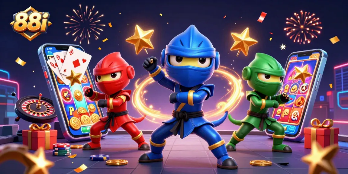 88i casino games feature ninja chameleons celebrating with slot machine excitement.