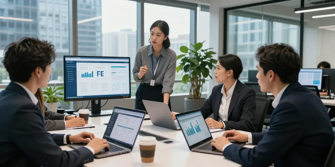 Business professionals discussing EE vs Three business plans in a modern office setting with technology and teamwork