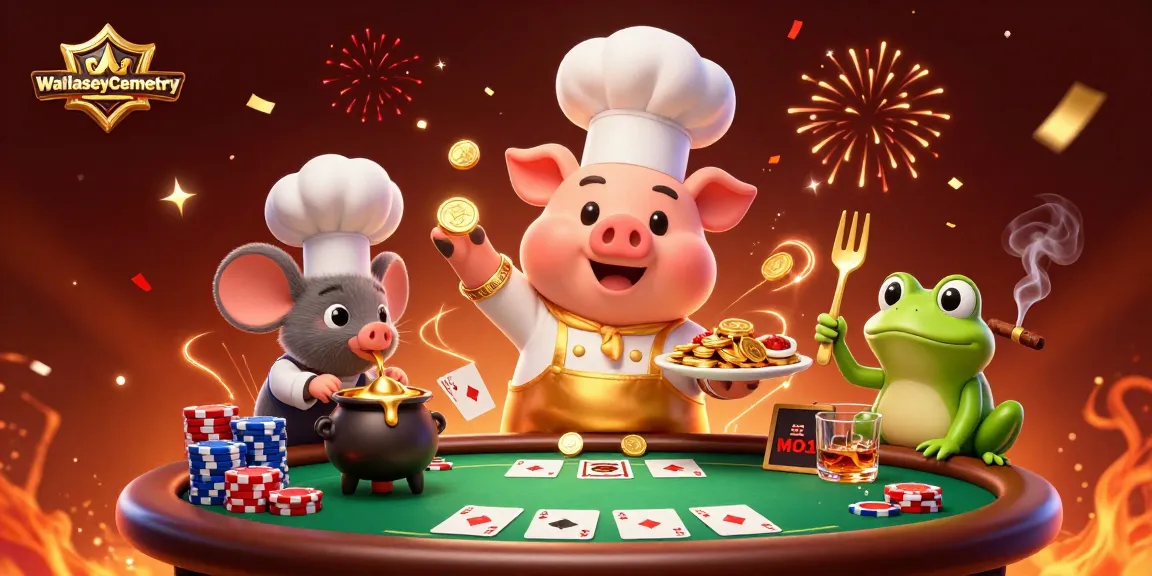 Chef pig serving gold coins at wallaseycemetery with vibrant casino elements and characters.